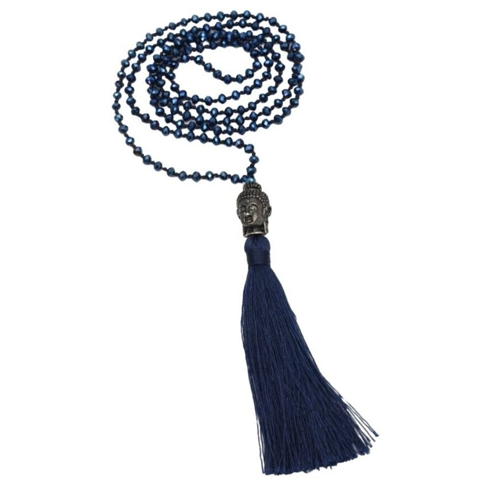 Buddha Head Beaded Tassel Long Necklace Blue